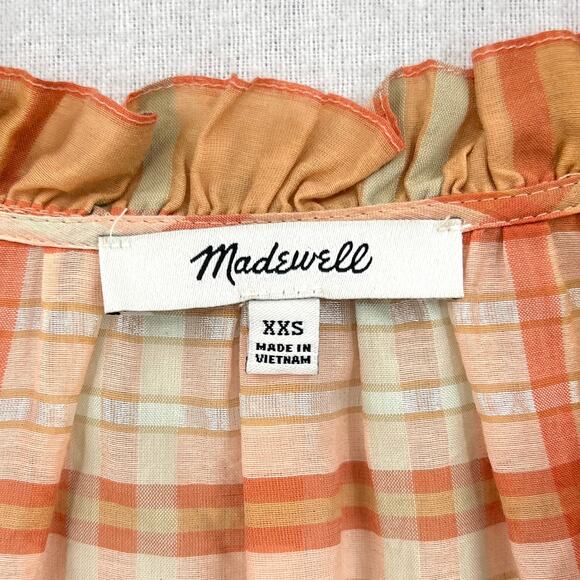 MADEWELL Plaid Tie Neck Ruffle Top Womens XXS Cream Orange 3/4 Sleeve Blouse - Picture 11 of 15